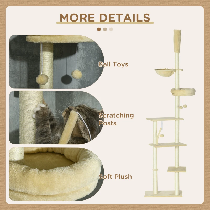 PawHut 230-250cm Floor-to-Ceiling Climbing Cat Tree Tower - Beige