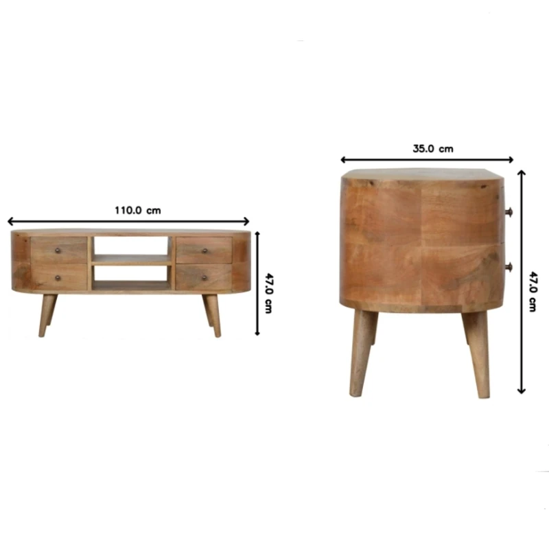 Solid 100% Mango Wood Rounded Entertainment Unit with 4 Drawers and 2 Open Shelves, Table with Slim Nordic Legs, 35L x 110W x 47H cm, Brown