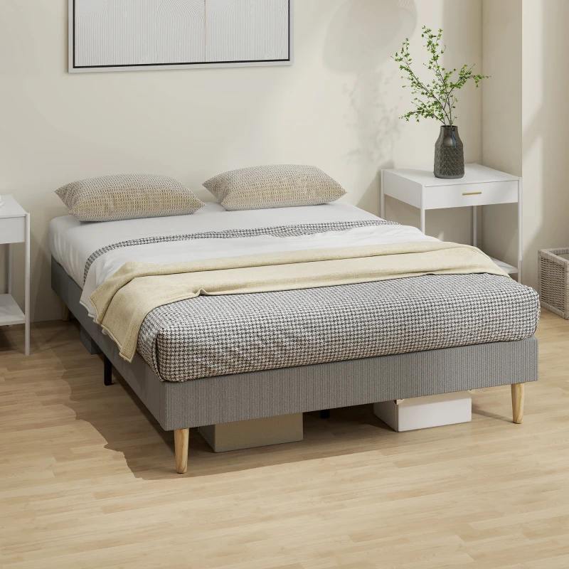 HOMCOM Estrutura de Cama 140x190 cm com Estrado de Ripas em Madeira Cama de Casal Estofada em Veludo Cotelê Cinza