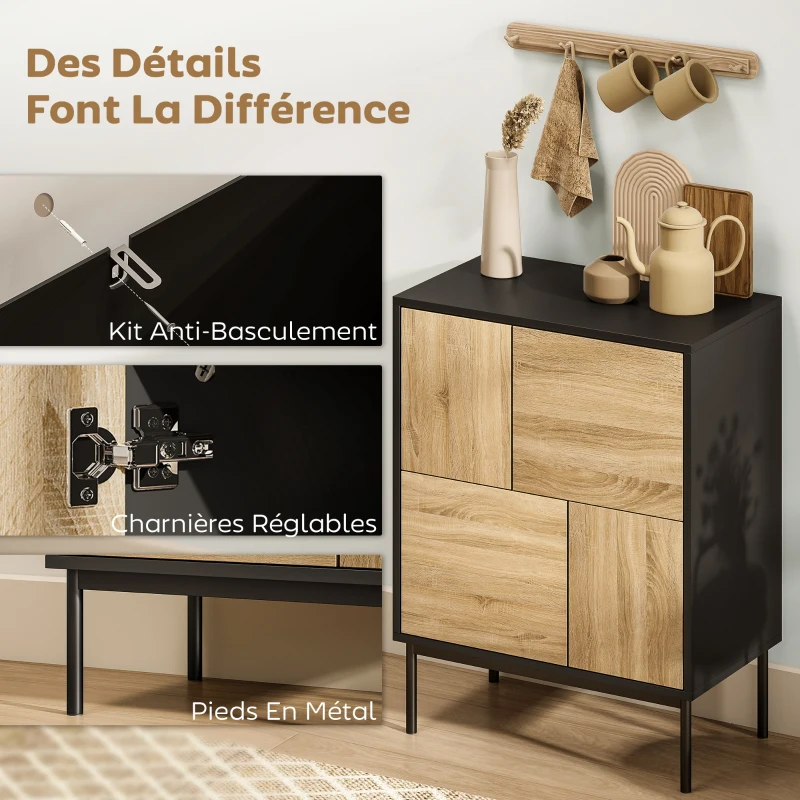 HOMCOM Buffet salon meuble de rangement armoire de cuisine portes à pousser et 4 placards style moderne 60 x 35 x 78 cm, noir