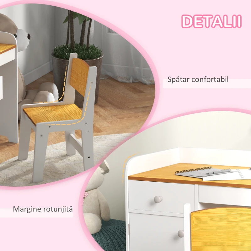 ZONEKIZ Masa de birou  pentru copii cu scaun birou de scoala pentru copii din lemn sertar scaun asortat alb pentru scoala mobilier camera copilului birou pentru copii mici(m-7)