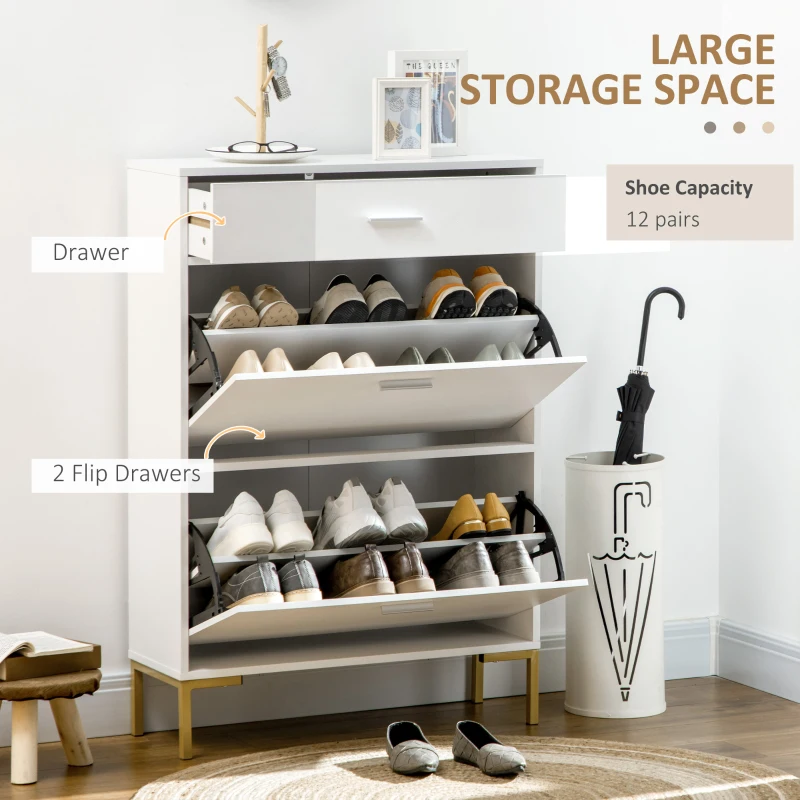 HOMCOM Three Drawer Slim Shoe Storage Cabinet, 12 Shoe Pairs - White