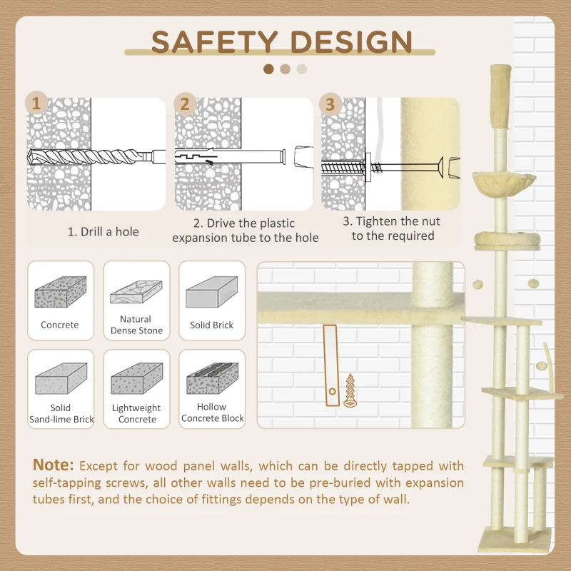PawHut 230-250cm Floor-to-Ceiling Climbing Cat Tree Tower - Beige