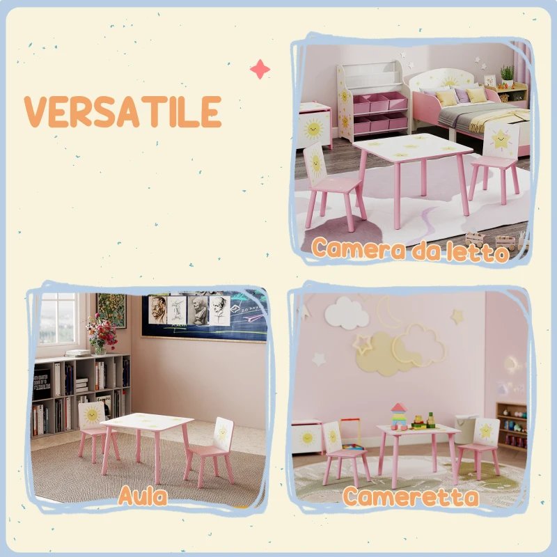 AIYAPLAY Set Arredo Cameretta con Tavolo e 2 Sedie per Bambini da 3-8 Anni con Fantasia a Stelle, Rosa