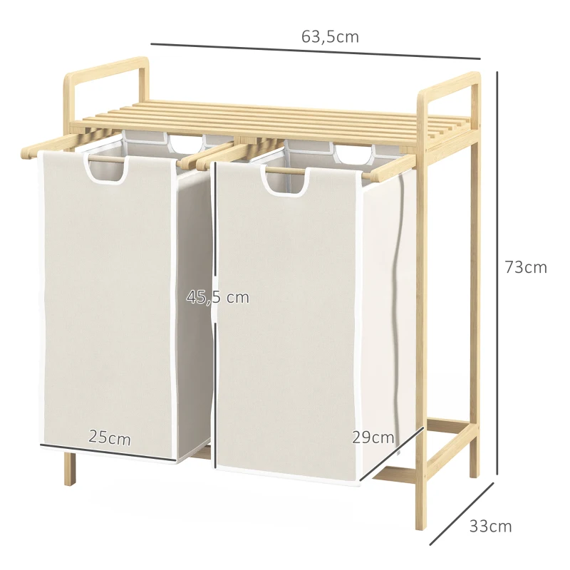 HOMCOM Cesto de Roupa em Bambu 2 Cestos Amovíveis e Deslizantes em Não-Tecido 63,5x33x73 cm Creme