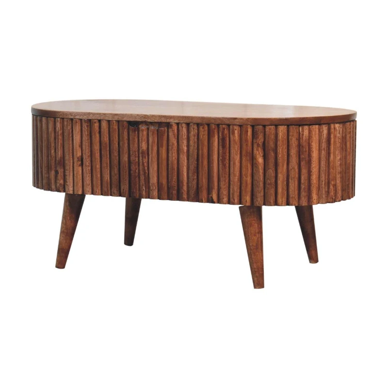 Solid Mango Wood Round Coffee Table with 2 Smooth-Gliding Drawers, Handcrafted Desk for Living Room, 45L x 85W x 38H cm, Brown