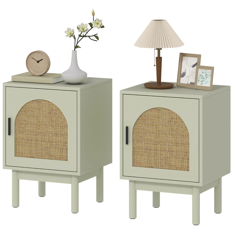 HOMCOM Conjunto de 2 Mesas de Cabeceira Mesa de Noite com Porta em Resina Trançada Prateleira Ajustável 40x35x58 cm Verde Claro