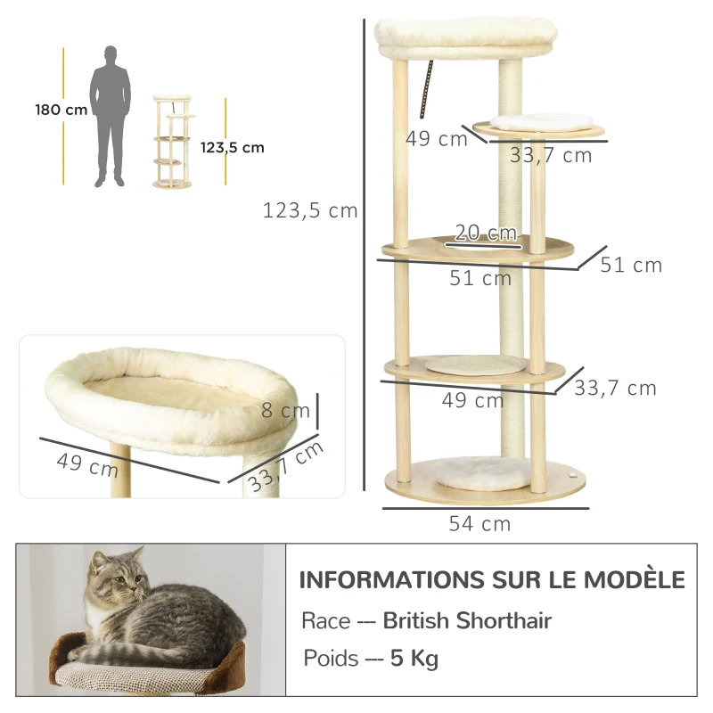 PawHut Árvore para Gato com Arranhador e Postes de Sisal Almofada Removível Plataforma Pelúcia e Madeira Altura 123,5 cm Bege