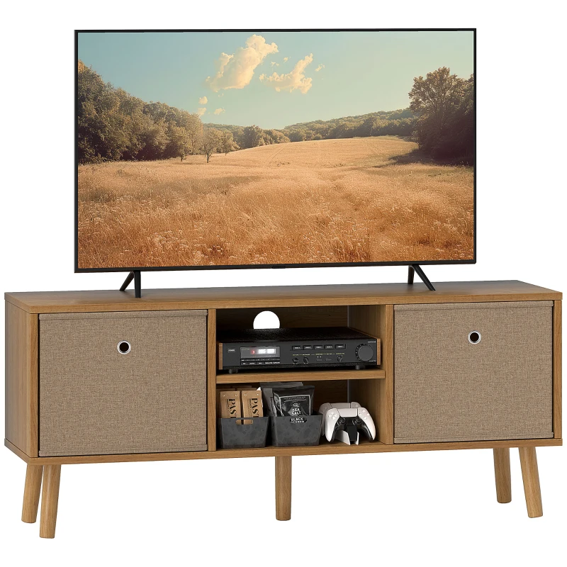 HOMCOM Móvel de TV para Televisores de até 50 Polegadas com 2 Gavetas de Tecido 2 Prateleiras Abertas 110x29x46,5 cm Madeira e Castanho Claro