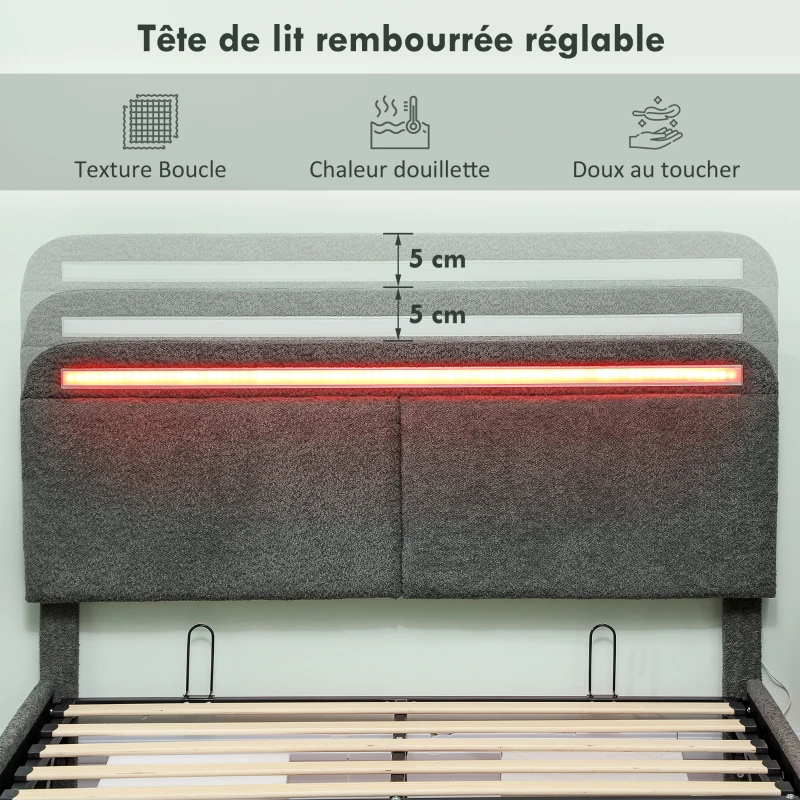 HOMCOM Lit coffre 140 x 190 cm avec éclairage LED, tête de lit réglable, cadre de lit double, sommier à lattes en bois, gris