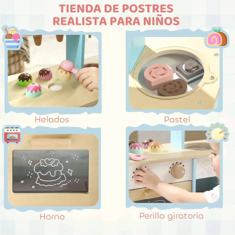 AIYAPLAY Heladería Pastelería de Madera 2 en 1 para Niños con Horno 17 Accesorios de Cocina Regalo para Niños y Niñas de +24Meses