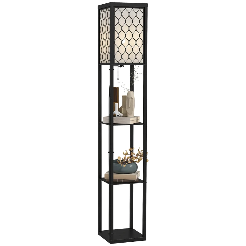 HOMCOM Lampada Lampadina da Terra Salvaspazio con Ripiani Durevole Cotone, MDF 26 x 26 x 160 cm Nero, bianco
