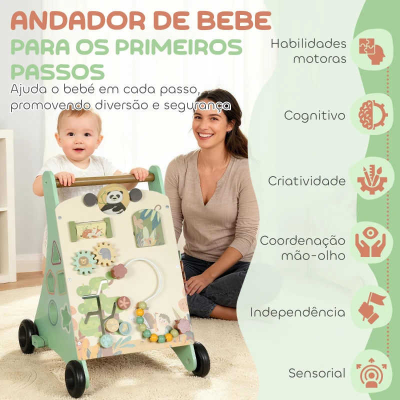 AIYAPLAY Andador de Madeira para Bebé Centro de Atividades de Aprendizagem Montessori com Controlo de Velocidade com Xilofone 33,5x36x46,8 cm Verde
