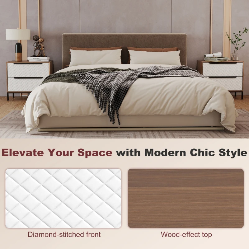 HOMCOM Cómoda com 2 Gavetas de Tecido Frentes com Padrão de Diamante Móvel de Arrumação 59,5x30x54 cm Madeira e Branco