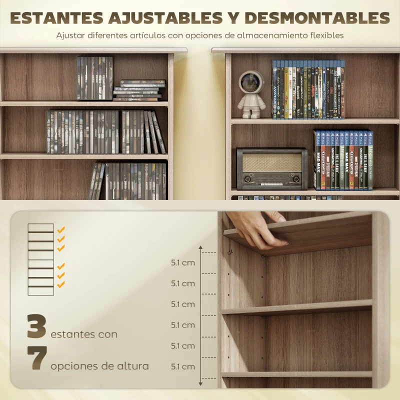 HOMCOM Estantería para CDs y DVDs Estrecha con 8 Compartimentos Estantes Ajustables 58x24x126,3 cm Madera Natural