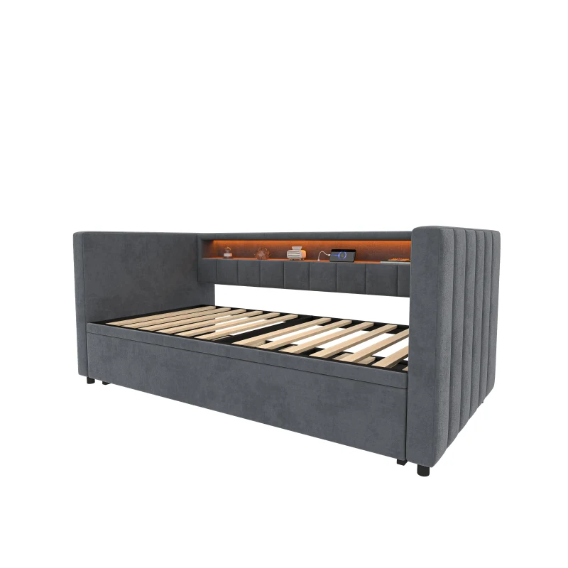 Space-Saving Pull-Out Double Bed with USB Type-C Charging and LED Lighting, Sleeper Sofa with Sturdy Wood, 201L x 100W x 73H cm, Dark Gray