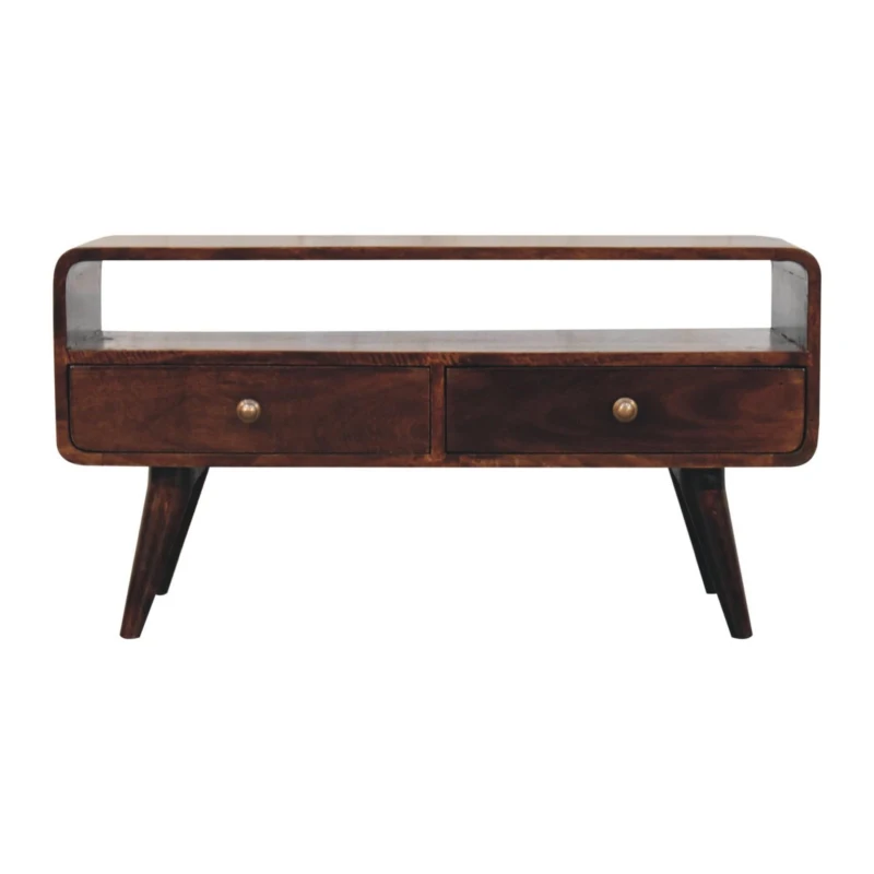 Solid Mango Wood Curved Media Unit with 2 Drawers and Open Shelf, Eco-Conscious TV Unit with Lemon Scent, 35L x 90W x 47H cm, Brown