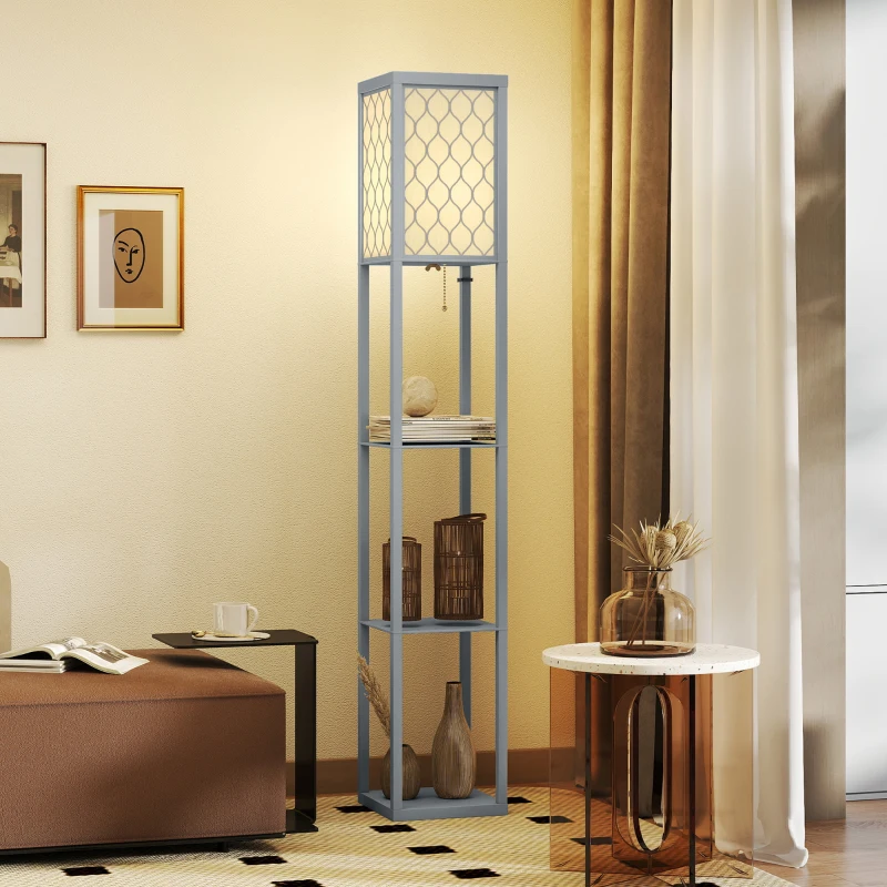 HOMCOM Candeeiro com Prateleiras Candeeiro de Pé para Sala 3 Níveis Interruptor de Puxar 26x26x160 cm Cinza e Branco