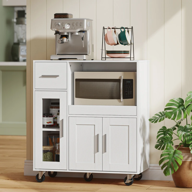 HOMCOM Keukenkast op wielen, mobiele keukencommode met planken, lades, verstelbare plank, kabelopening, wit(m-10)