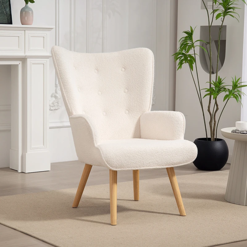 HOMCOM Fauteuil de salon en tissu bouclette, fauteuil capitonné et rembourré avec pieds en bois, 71 x 74 x 96 cm, beige