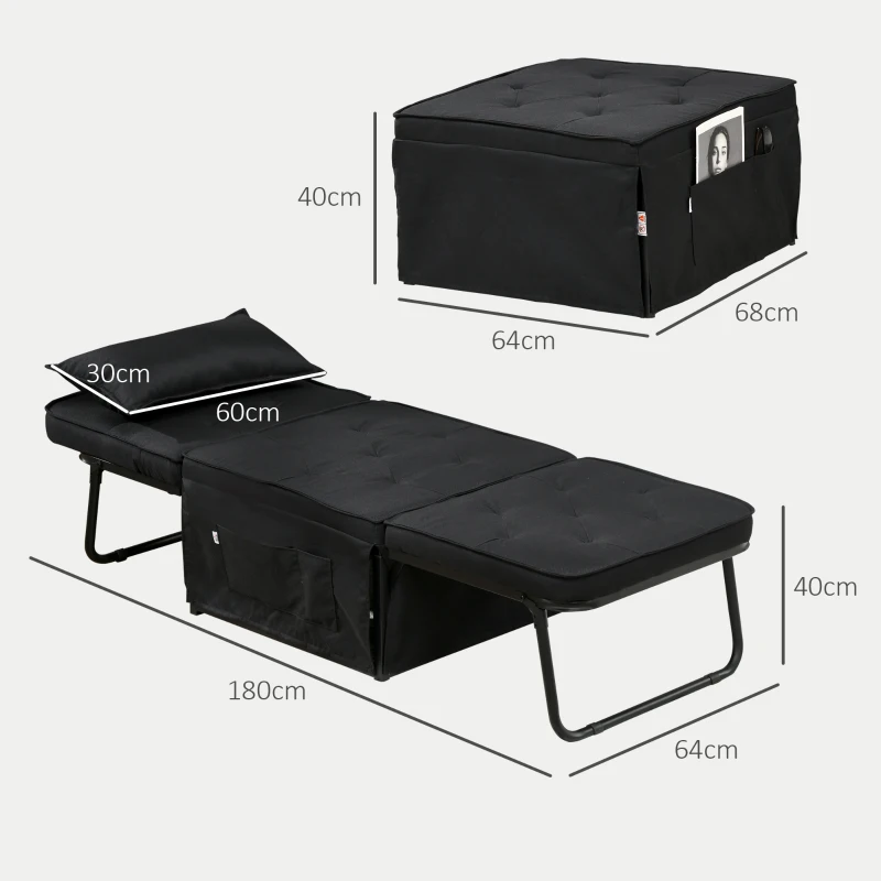 HOMCOM Poltrona 2 em 1 Sofá Cama Individual Encosto Reclinável 5 Posições com Almofada 180x64x40 cm Preto