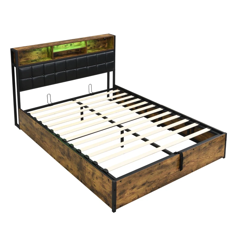 Hydraulic Storage Bed with Charging Sockets and LED Strip, Double Bed with Hydraulic Storage, 208L x 141W x 107H cm, Black+Neutral