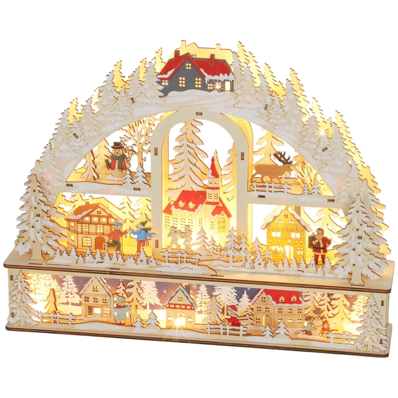 HOMCOM Village de Noël lumineux avec 20 LED, village de Noël animé en arc, fonctionne sur piles, 45 x 10 x 35 cm, bois naturel