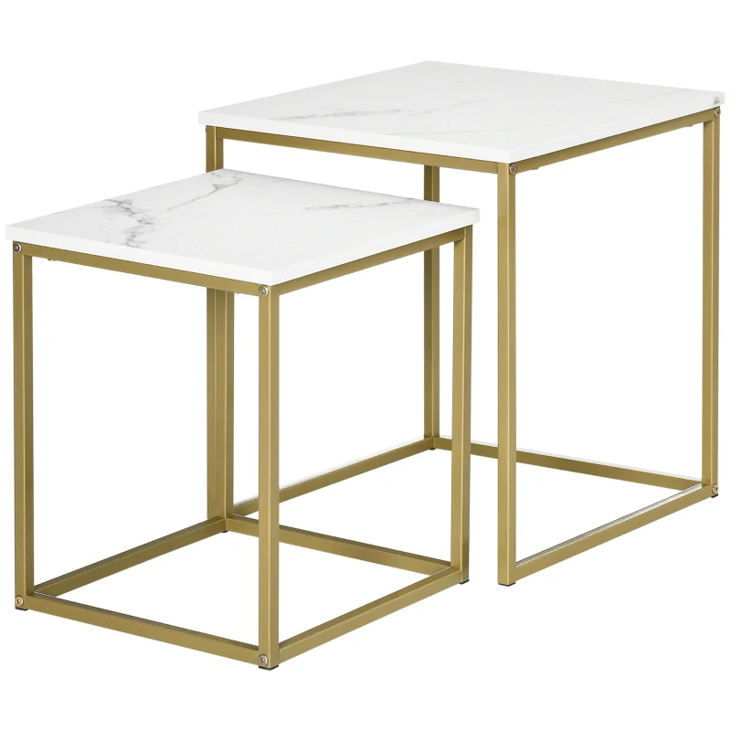 HOMCOM Conjunto de 2 Mesas de Centro Ninho Quadradas Estilo Art Déco Aço Dourado Painéis Efeito Mármore Branco