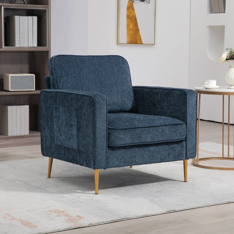 HOMCOM Poltrona em Tecido com Pés em Aço Dourado Grande Conforto Bolsos Laterais para Sala Escritório Quarto Azul