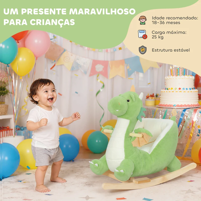 AIYAPLAY Baloiço para Bebés com Som de Dragão Base de Madeira Cinto de Segurança para Crianças de 18-36 Meses 65x38x72 cm Verde