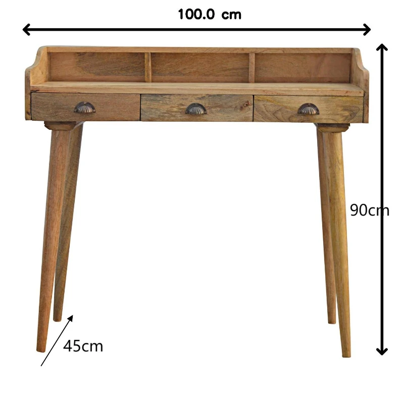 Solid Mango Wood Writing Desk with 3 Drawers and Storage Slots, Gallery-back Shell with Generous Organisation, 45L x 100W x 90H cm, Brown