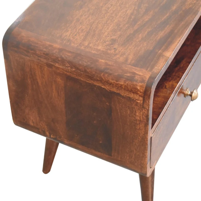 Solid Mango Wood Curved Media Unit with 2 Drawers and Open Shelf, Eco-Conscious TV Unit with Lemon Scent, 35L x 90W x 47H cm, Brown