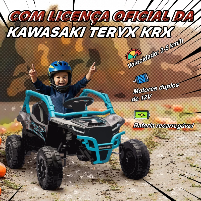 AIYAPLAY Carro Elétrico para Crianças 12V Kawasaki Teryx KRX 1000 com 2 Motores Faróis e USB 100x64x56 cm Azul