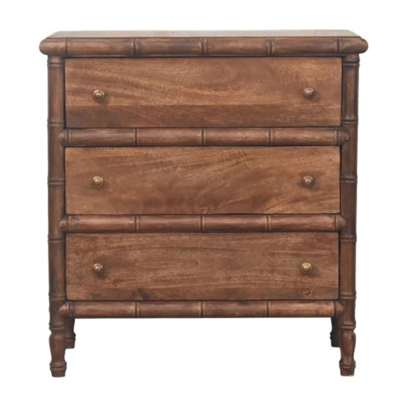 Solid Mango Wood 3-Drawer Chest with Turned Spindle Legs, Bedside Cabinet with Generous Organisation Drawers, 36L x 75W x 80H cm, Brown