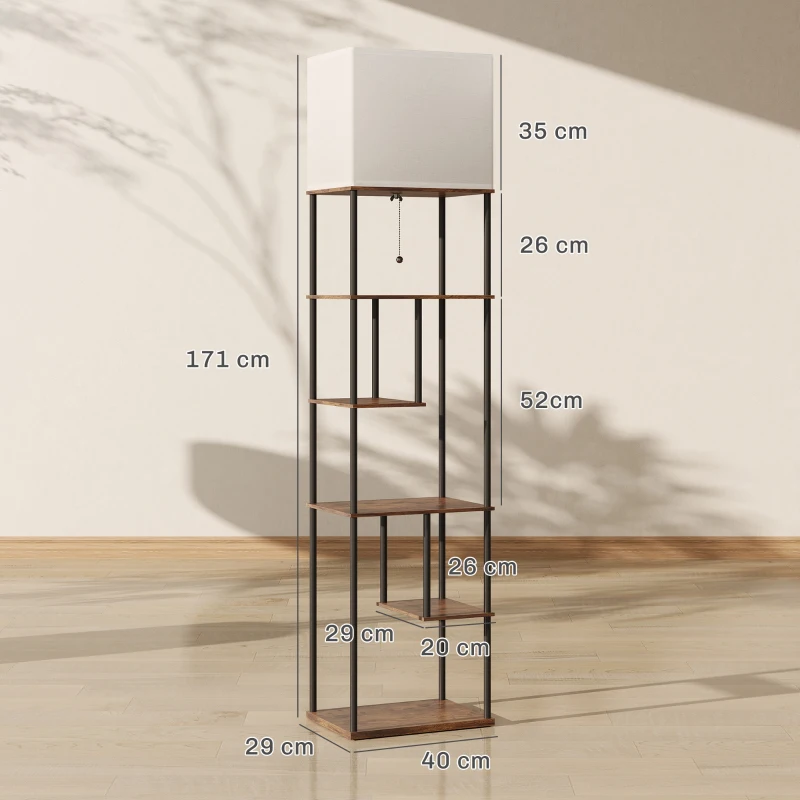 HOMCOM Lampadaire com Prateleiras Candeeiro de Pé para Sala Regulável Controle Remoto 40x29x171 cm Castanho e Preto