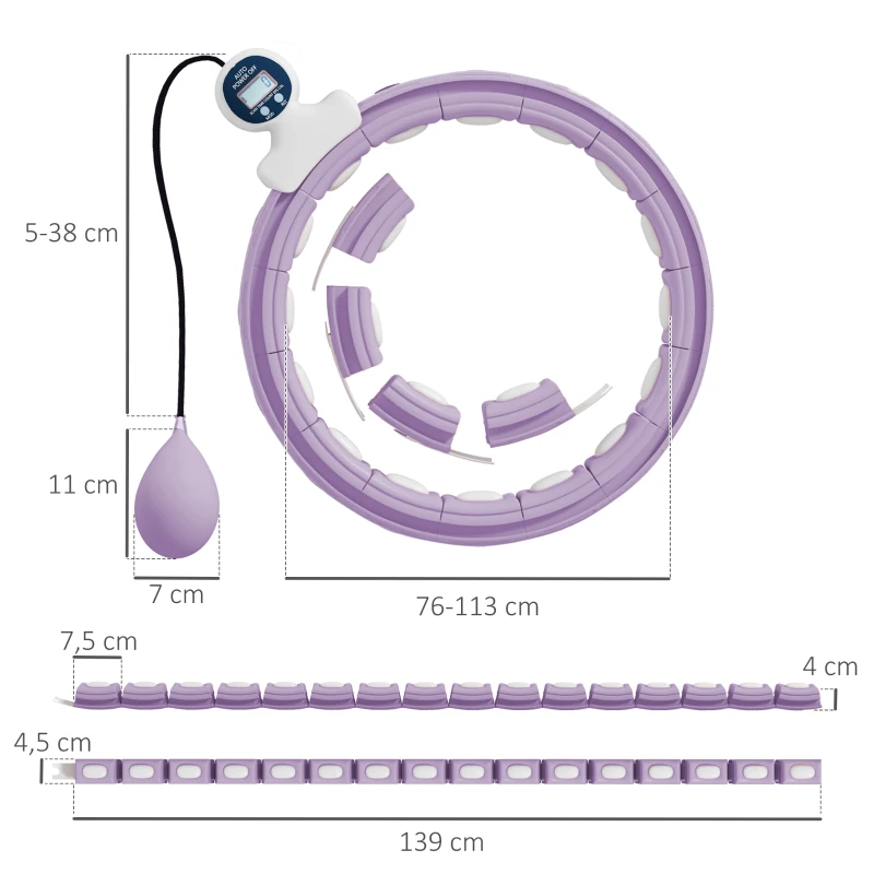 SPORTNOW Hula Hoop Aro com Pontas de Massagem Ajustável 76-113 cm de Cintura 16 Segmentos Removíveis 139x4,5cm Violeta