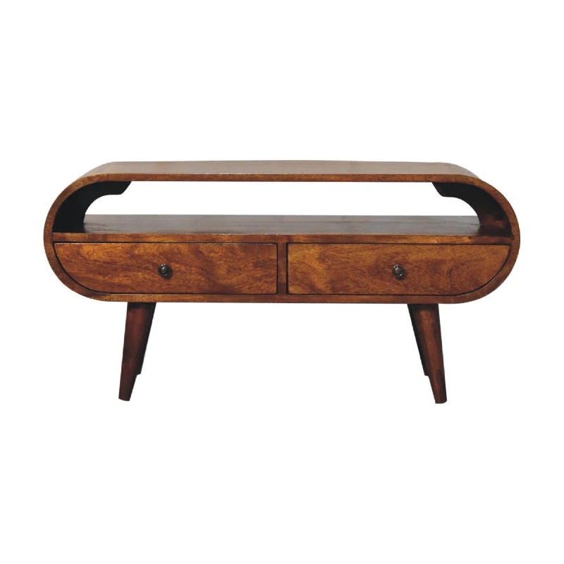 100% Solid Mango Wood Round TV Stand with 2 Smooth‑Gliding Drawers and Open Slot, Table for Living Room, 35L x 90W x 45H cm, Brown
