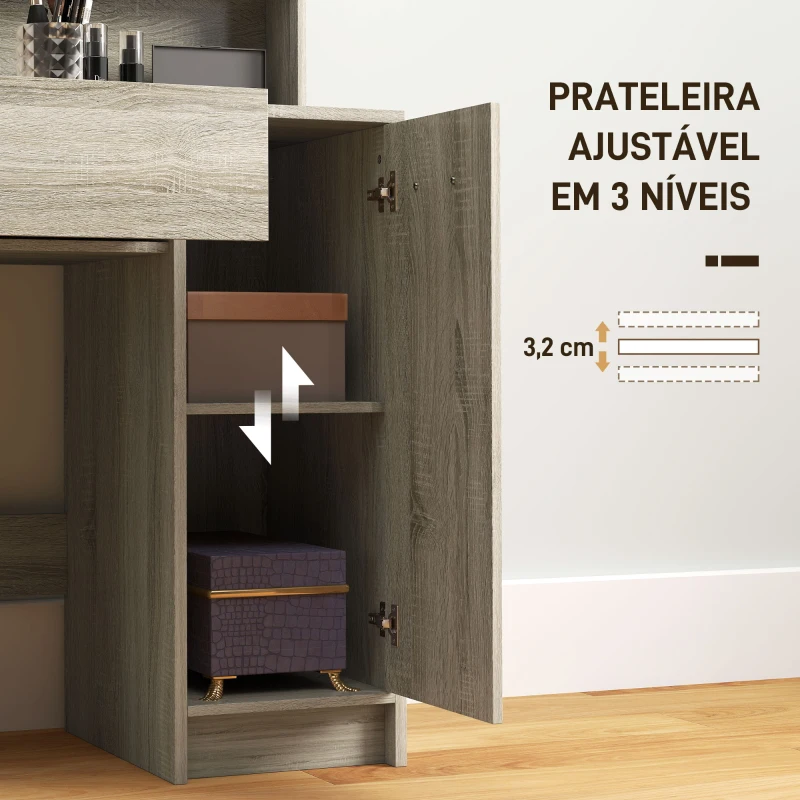 HOMCOM Toucador de Maquilhagem com Banco Mesa de Maquilhagem com Espelho Prateleiras e Gaveta 80x40x132 cm Madeira e Bege