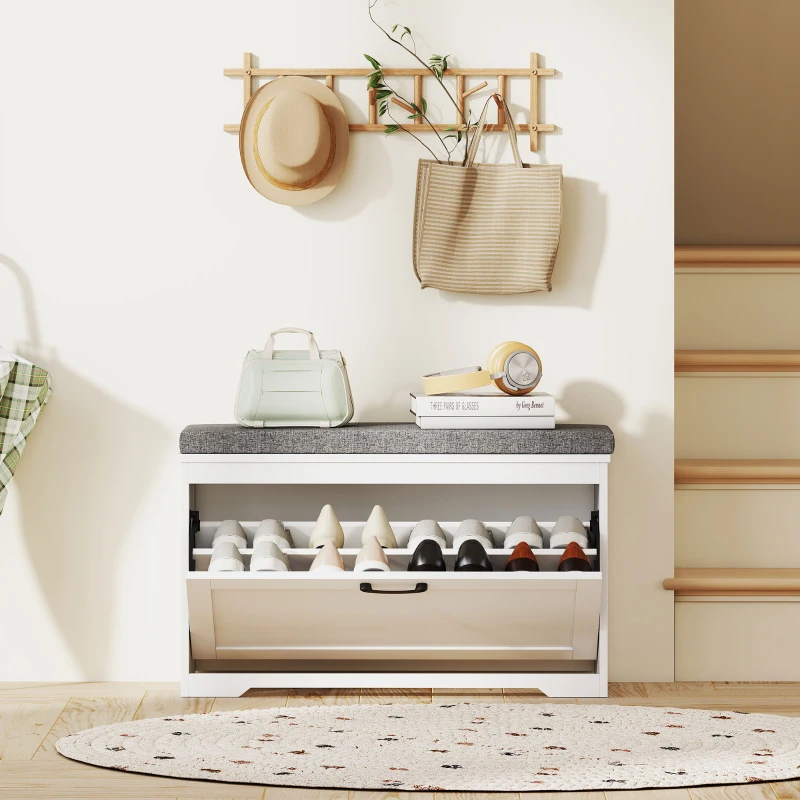 HOMCOM Banco Sapateira Moderno com Assento Acolchoado Prateleira Ajustável para 8 Pares de Sapatos 80x30x50 cm Branco