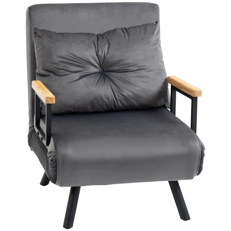 HOMCOM Fauteuil convertible 1 place fauteuil-lit chauffeuse 3 en 1 dossier réglable oreiller tissu velours 63x73x81cm gris