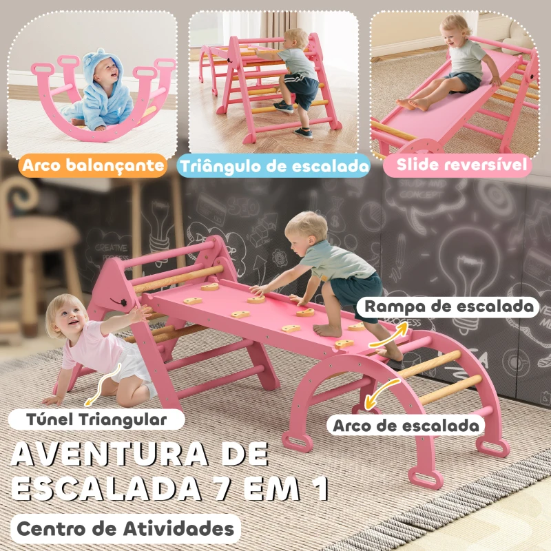 AIYAPLAY Triângulo de Escalada 7 em 1 com Arco e Rampa Escalada para Crianças de Madeira Dobrável para 18-48 Meses 188x70 cm Rosa