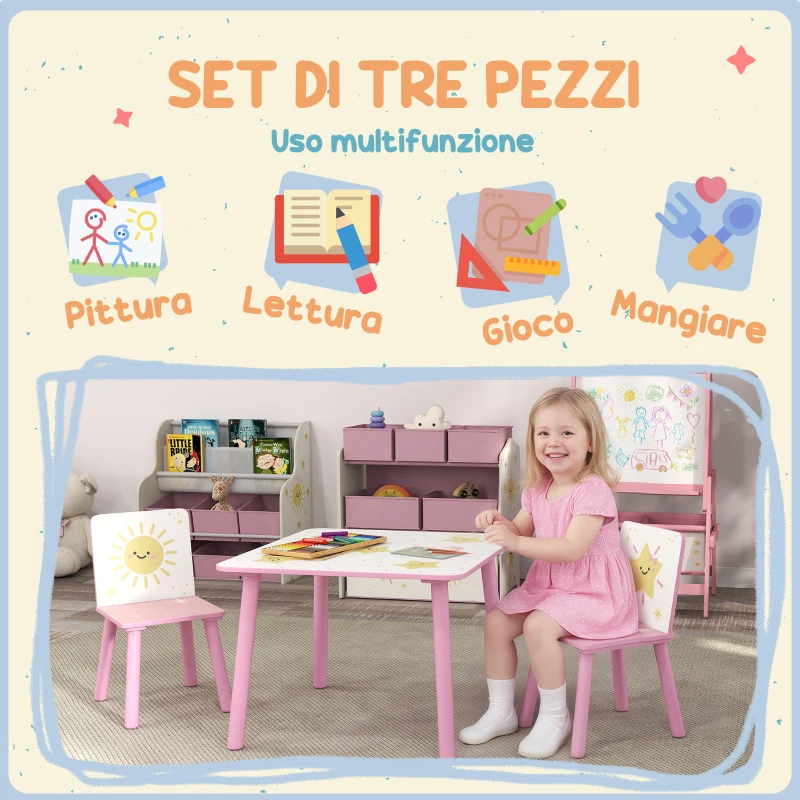 AIYAPLAY Set Arredo Cameretta con Tavolo e 2 Sedie per Bambini da 3-8 Anni con Fantasia a Stelle, Rosa