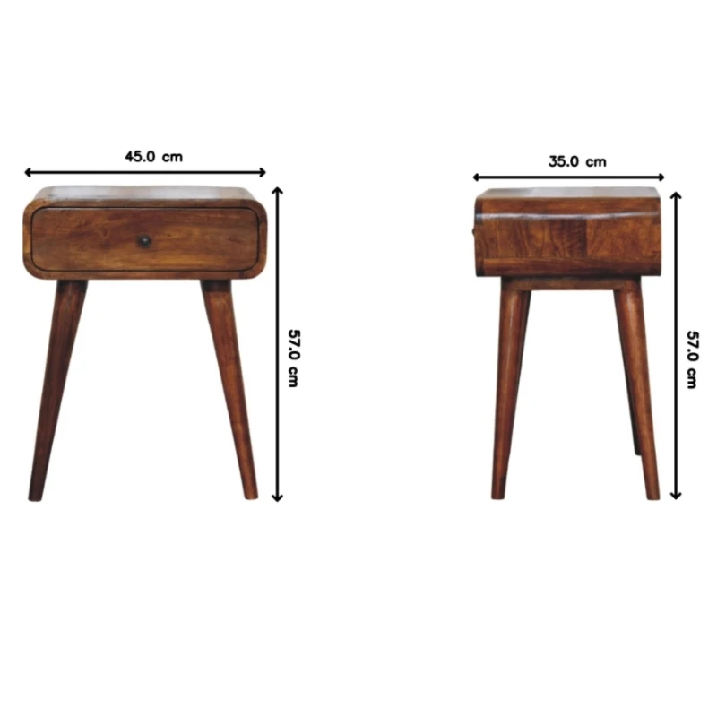 Solid Wood Avora Bedside Table with Drawer and Nordic Legs, Durable Hand‑Finished Desk for Bedroom, 35L x 45W x 57H cm, Brown