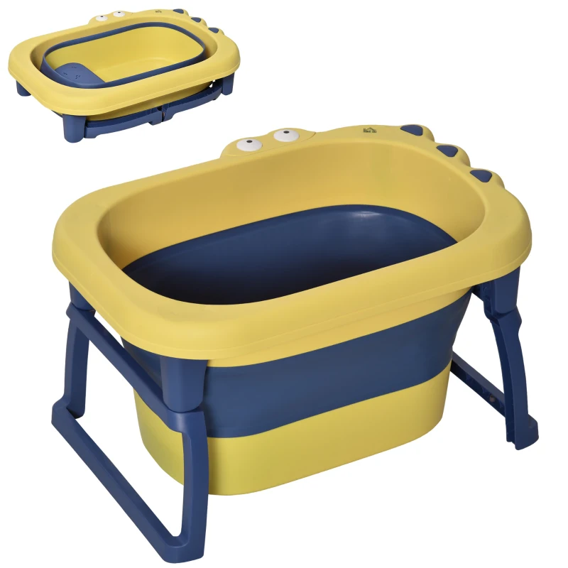 HOMCOM Vaschetta Bagnetto Neonato Pieghevole con Supporto Antiscivolo, Vaschetta da Bagno Portatile per Neonati e Bambini di 0-6 Anni con Foro di Scarico, 75.3x55.4x43cm, Blu e Giallo