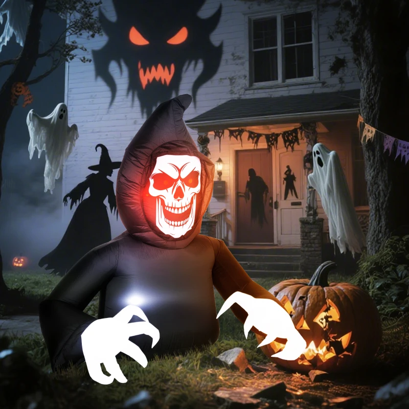 Outsunny Aufblasbare Halloween-Dekoration, Sensenmann, LED-Leuchten, Gebläse, Kabel