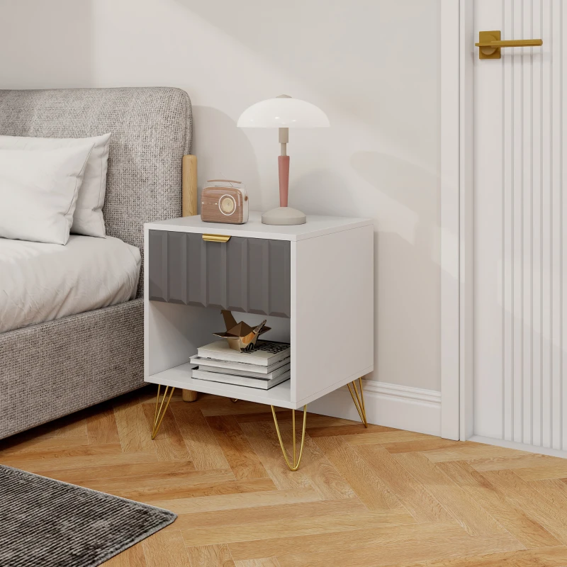 HOMCOM Mesa de Cabeceira Mesa de Apoio Compartimento Aberto Gaveta e Puxador Pés em Aço 45x40x55 Branco e Cinza