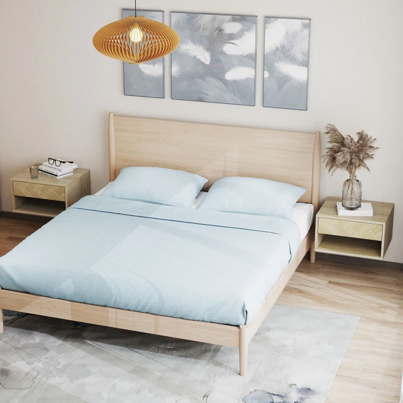 HOMCOM Set of 2 Modern Wall-Mounted Nightstands with Drawer and Open Shelf, 37x32x21 cm, Natural Wood