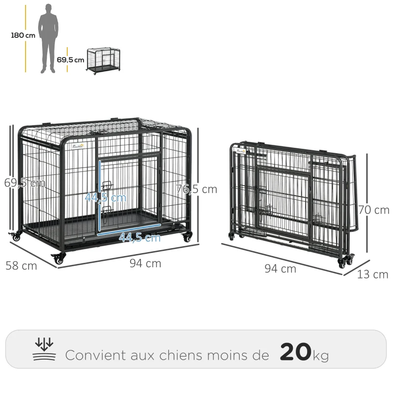 PawHut Gaiola Dobrável para Cão Caixa de Transporte com Rodízios 2 Portas Trancáveis Bandeja Amovível 94x58x69,5 cm Cinza Escuro