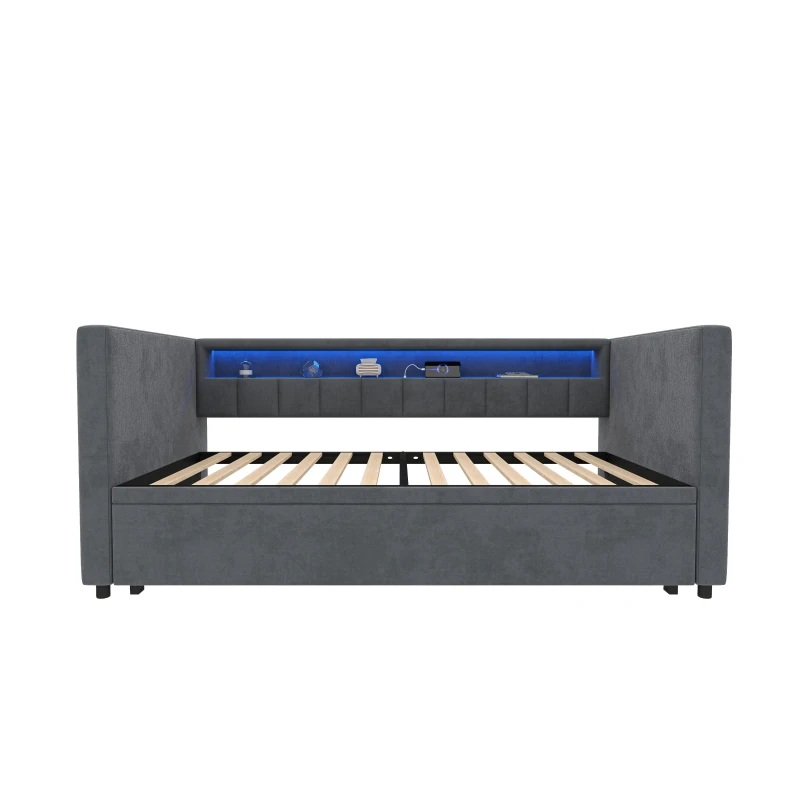 Space-Saving Pull-Out Double Bed with USB Type-C Charging and LED Lighting, Sleeper Sofa with Sturdy Wood, 201L x 100W x 73H cm, Dark Gray