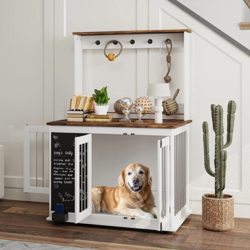 PawHut Hundebox mit Aufbewahrungsregal für Spielzeug, Haken für Leinen, Schreibtafel, Radiergummi, für große Hunde, Weiß(m-2)